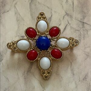 Vintage Sarah Coventry Americana Maltese Cross brooch red white blue cabochons